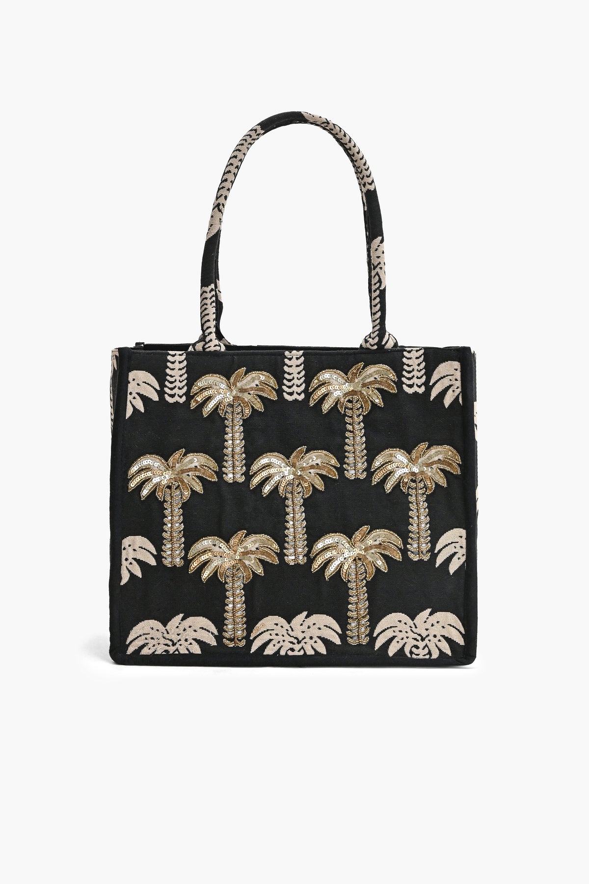 Black tote bag with gold palm tree patterns on a white background