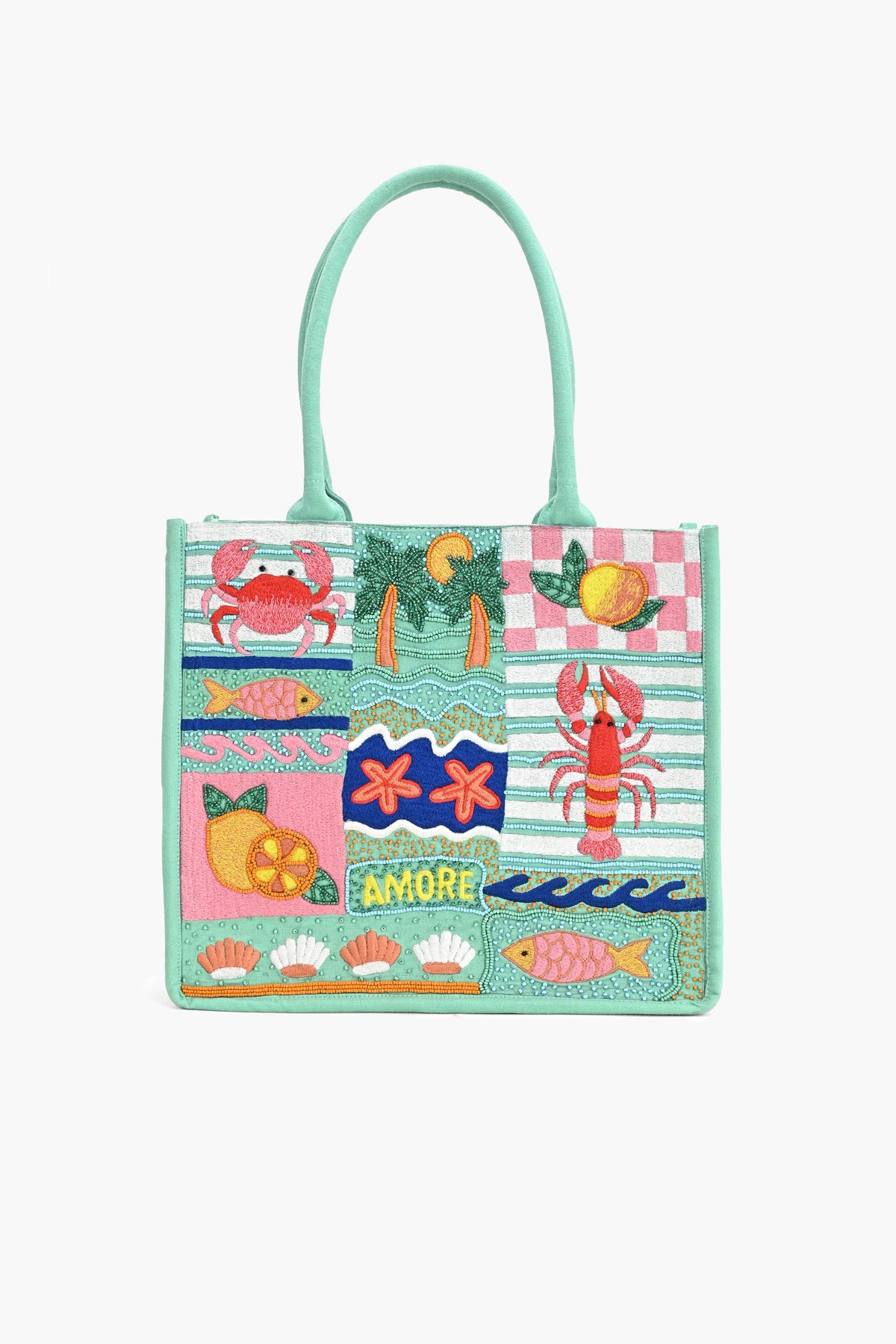 Coastal Charm Cotton Tote Bag with Ocean Theme Embroidery