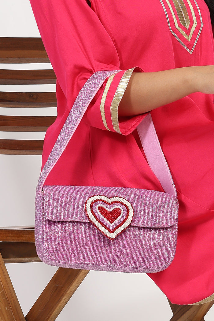 Chic Pink Heart Embellished Shoulder Bag