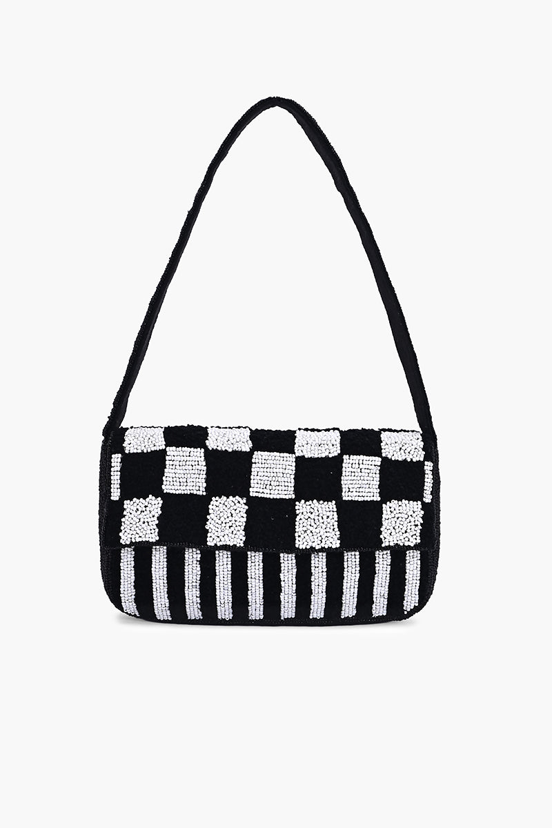 Checkerboard Chic Beaded Shoulder Bag