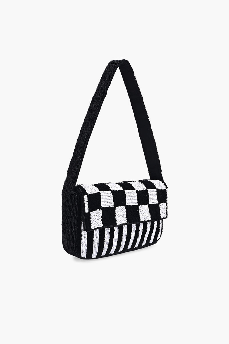 Checkerboard Chic Beaded Shoulder Bag