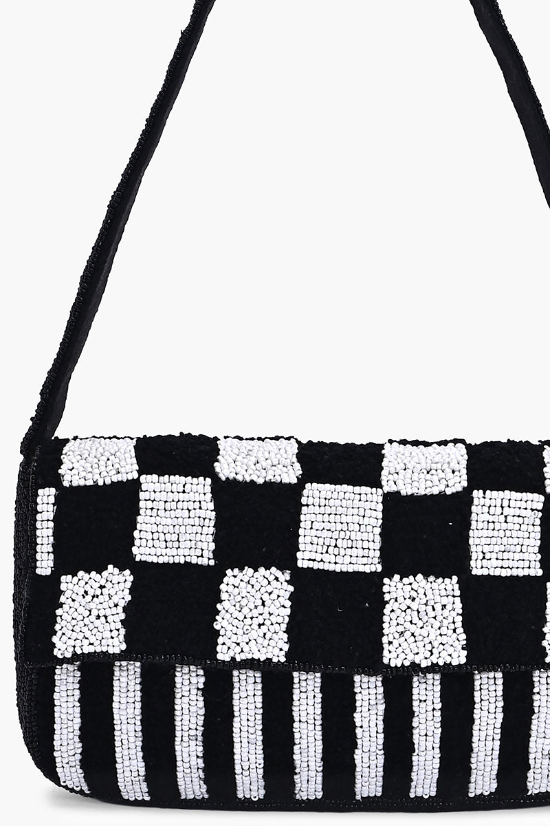 Checkerboard Chic Beaded Shoulder Bag