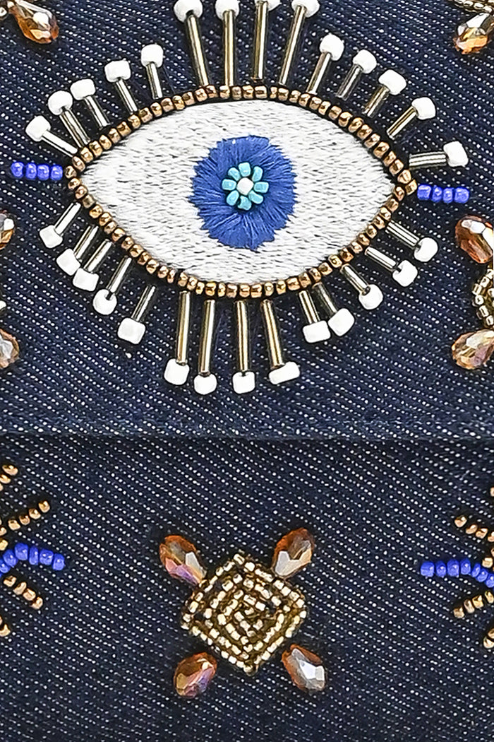 Celestial Evil Eye Beaded Denim Shoulder Bag