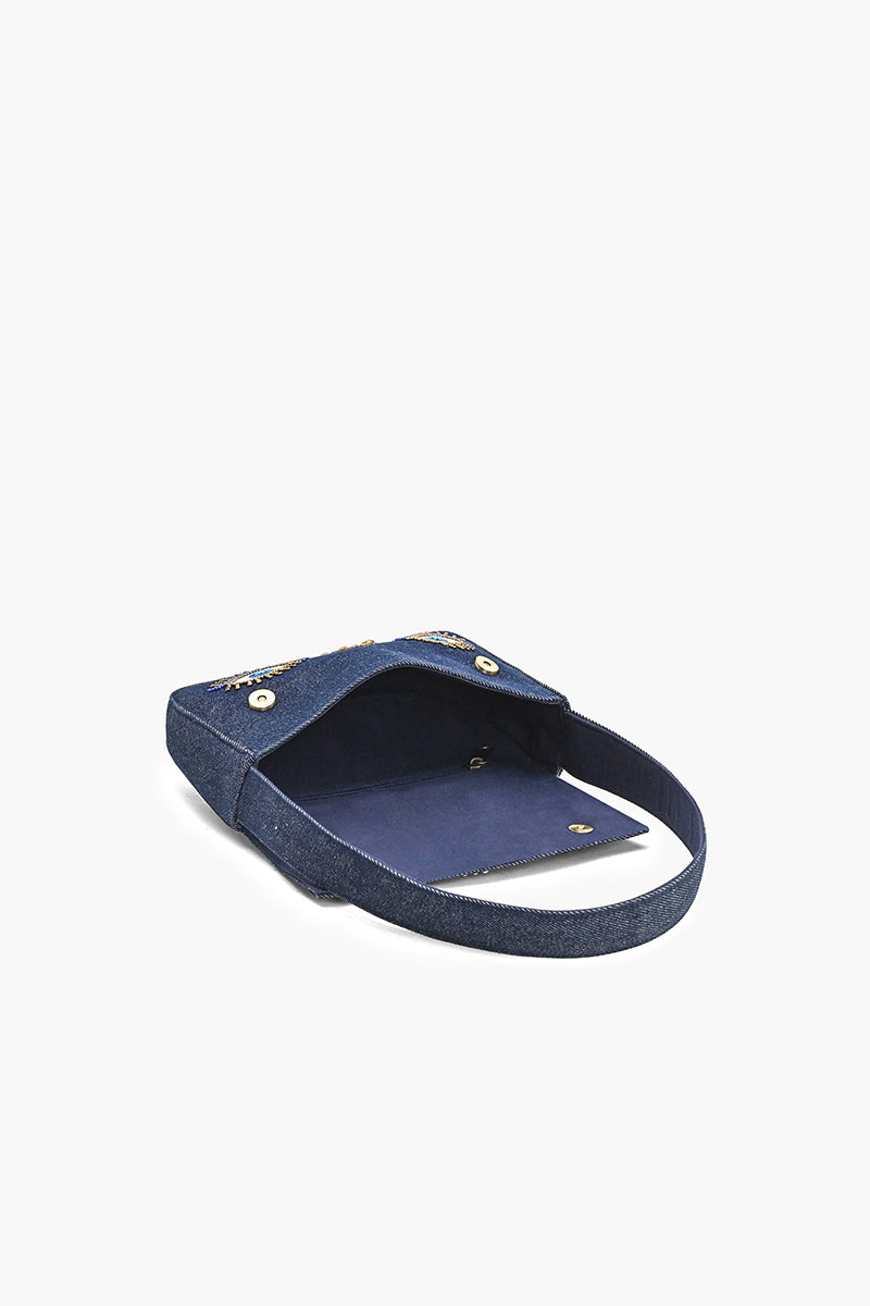 Celestial Evil Eye Beaded Denim Shoulder Bag