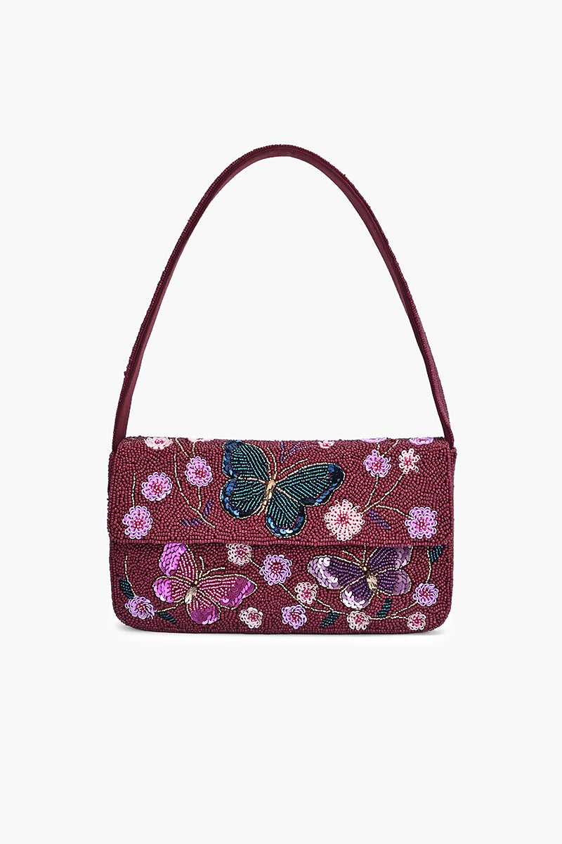 Crimson Butterfly Beaded Shoulder Bag