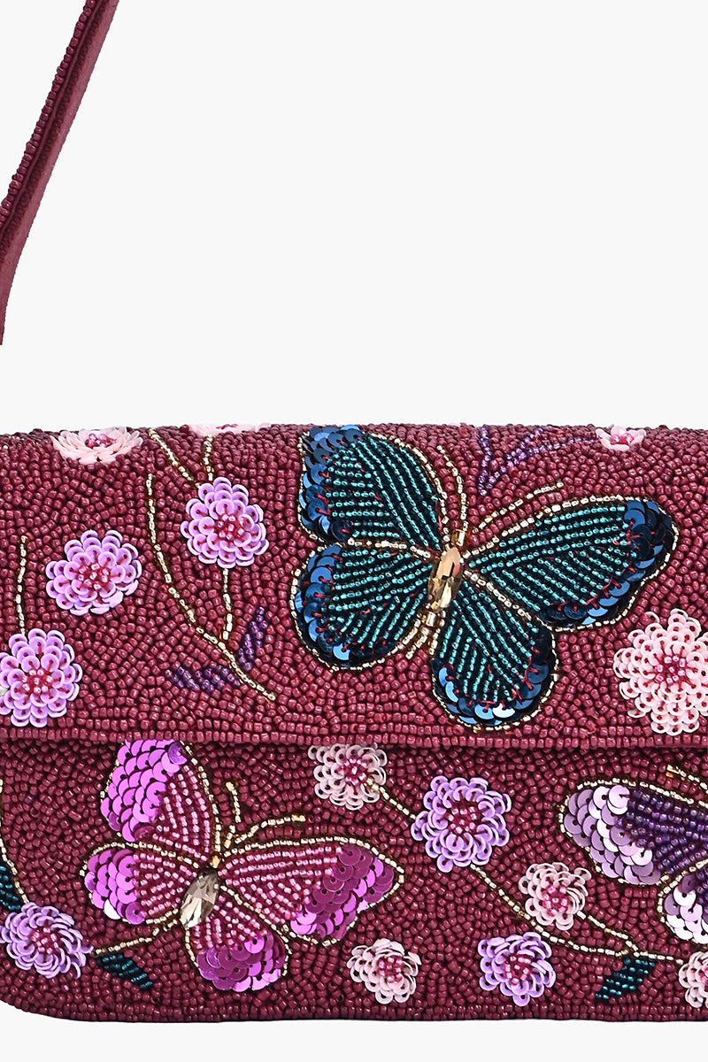 Crimson Butterfly Beaded Shoulder Bag