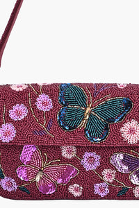 Crimson Butterfly Beaded Shoulder Bag