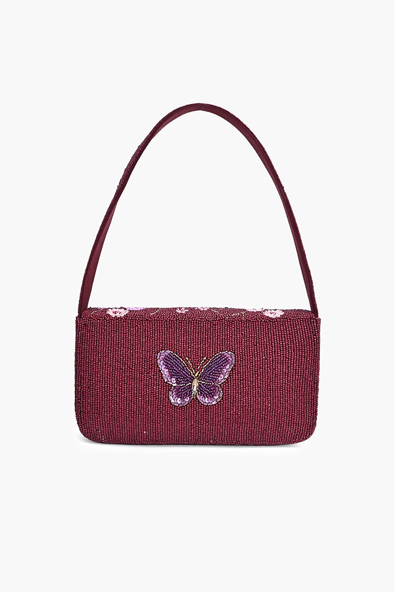 Crimson Butterfly Beaded Shoulder Bag