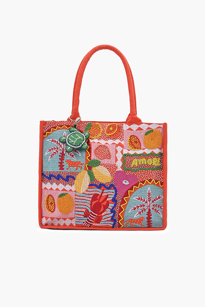 Tropical Escape Cotton Tote with Citrus & Coastal Embroidery