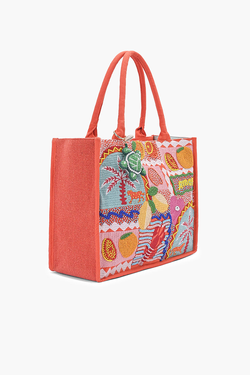 Tropical Escape Cotton Tote with Citrus & Coastal Embroidery