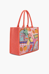 Tropical Escape Cotton Tote with Citrus & Coastal Embroidery