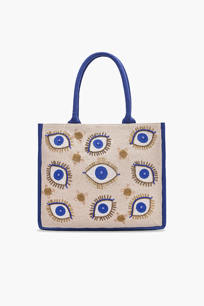 Evil Eyes Beaded Canvas Tote with Gold Accent Embroidery