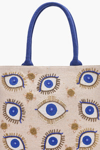 Evil Eyes Beaded Canvas Tote with Gold Accent Embroidery