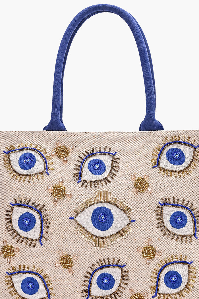 Evil Eyes Beaded Canvas Tote with Gold Accent Embroidery