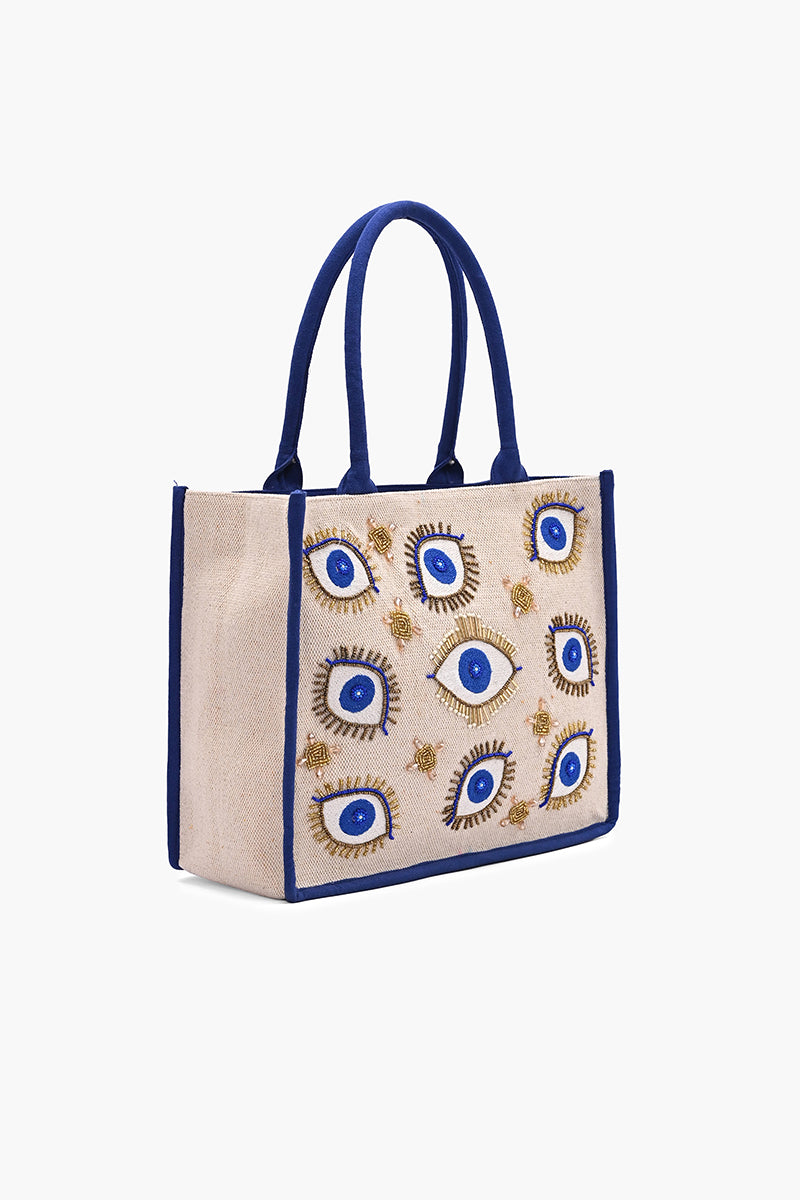 Evil Eyes Beaded Canvas Tote with Gold Accent Embroidery