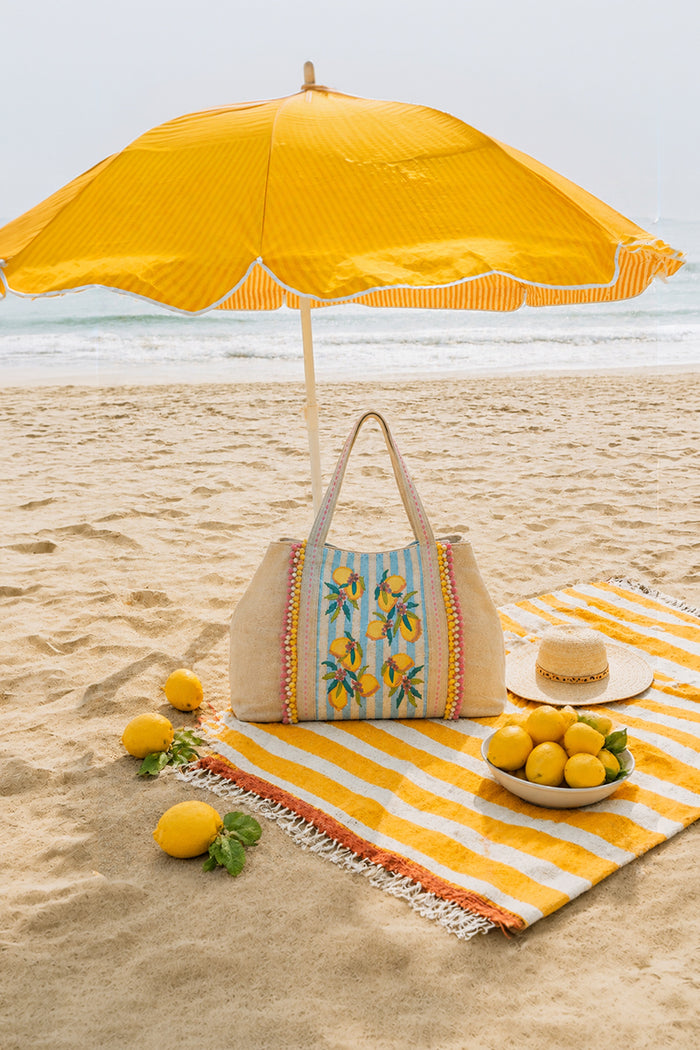 Blue Zesty Lemon Hand-Beaded Oversized Tote