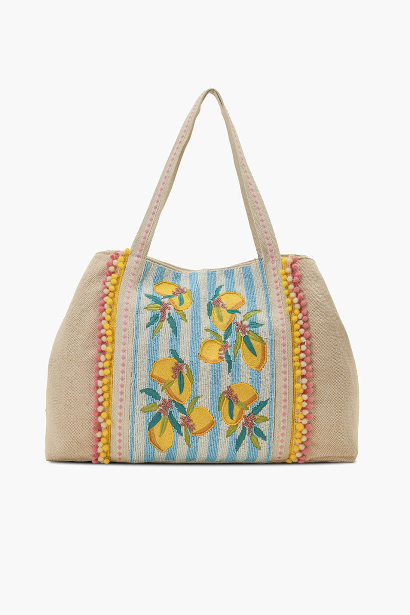 Blue Zesty Lemon Hand-Beaded Oversized Tote