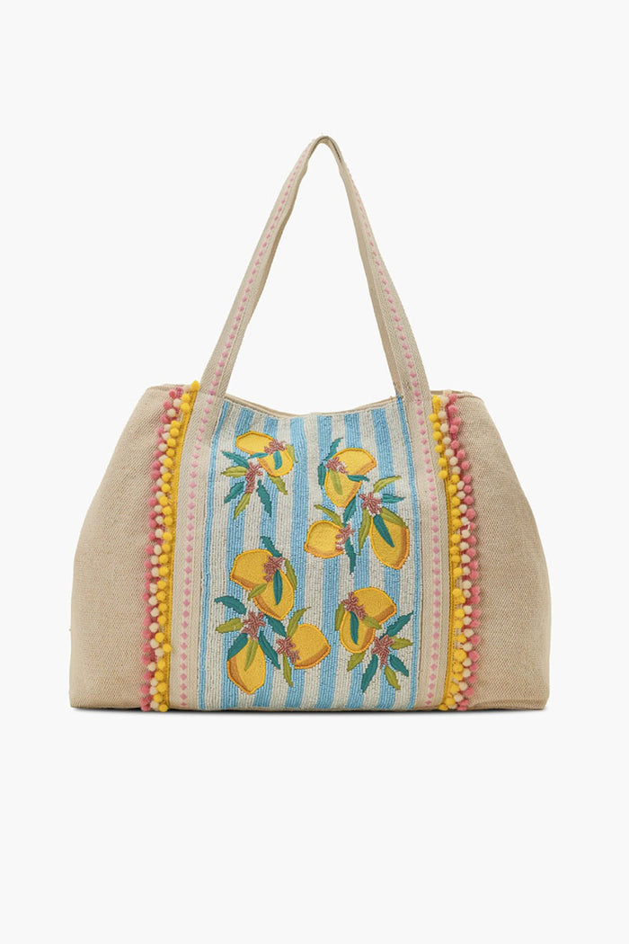 Blue Zesty Lemon Hand-Beaded Oversized Tote
