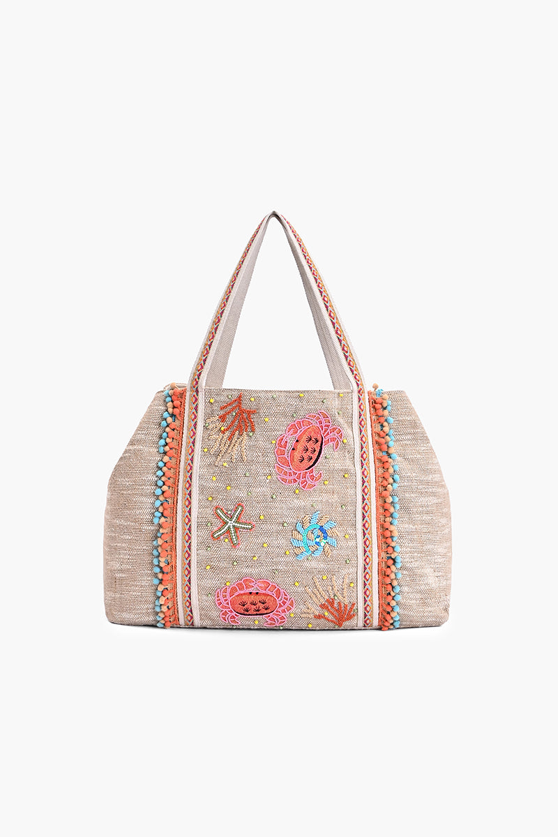 Shoreline Crab Embroidered Large Beach Tote