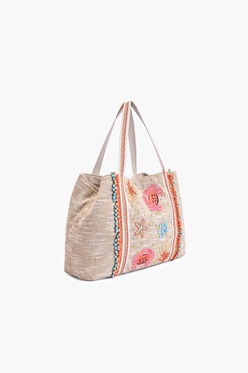 Shoreline Crab Embroidered Large Beach Tote