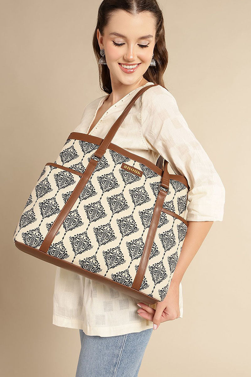 Vintage Damask Canvas Tote with Pouch & Faux Leather Trim