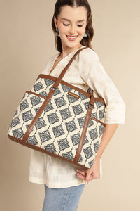 Vintage Damask Canvas Tote with Pouch & Faux Leather Trim
