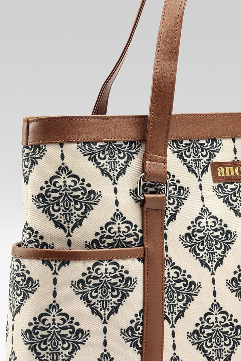 Vintage Damask Canvas Tote with Pouch & Faux Leather Trim