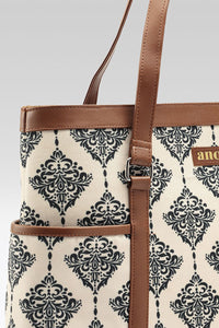 Vintage Damask Canvas Tote with Pouch & Faux Leather Trim