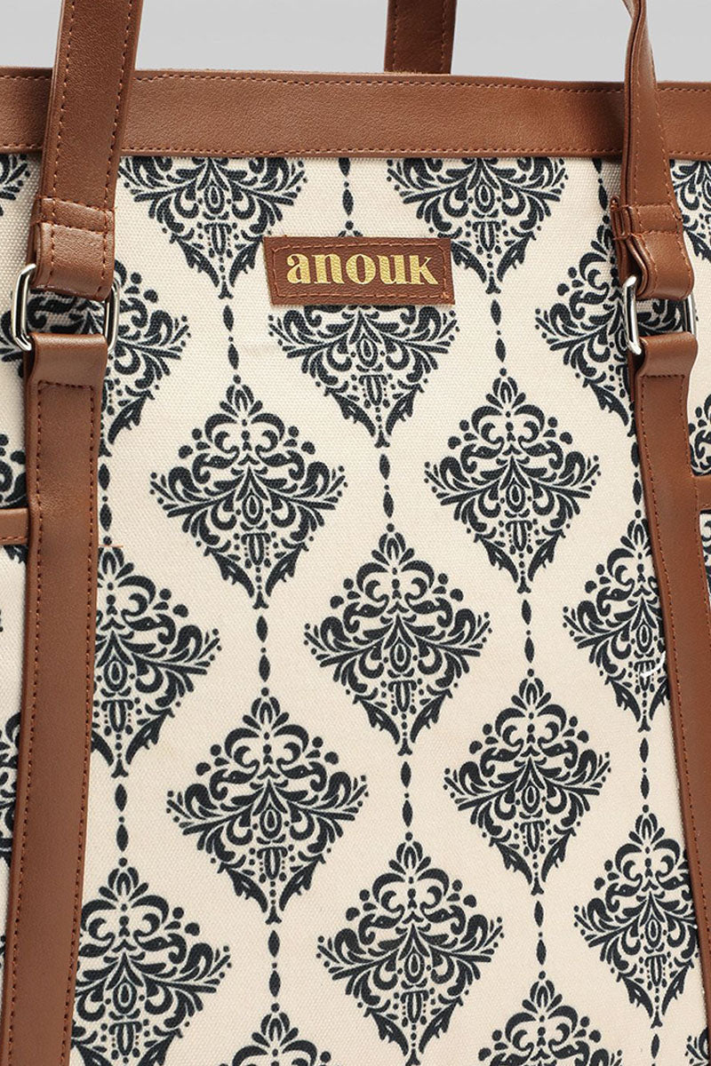 Vintage Damask Canvas Tote with Pouch & Faux Leather Trim