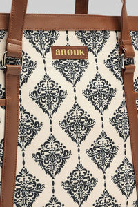 Vintage Damask Canvas Tote with Pouch & Faux Leather Trim