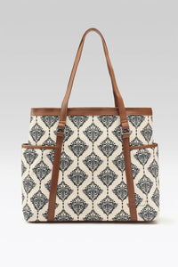 Vintage Damask Canvas Tote with Pouch & Faux Leather Trim