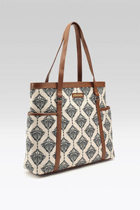 Vintage Damask Canvas Tote with Pouch & Faux Leather Trim