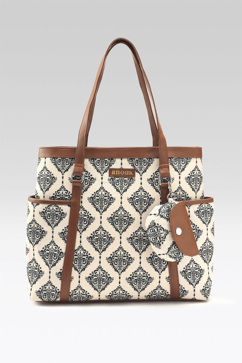 Vintage Damask Canvas Tote with Pouch & Faux Leather Trim