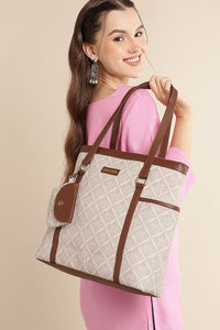 Classic Geometric Jacquard Tote with Pouch & Faux Leather Trim