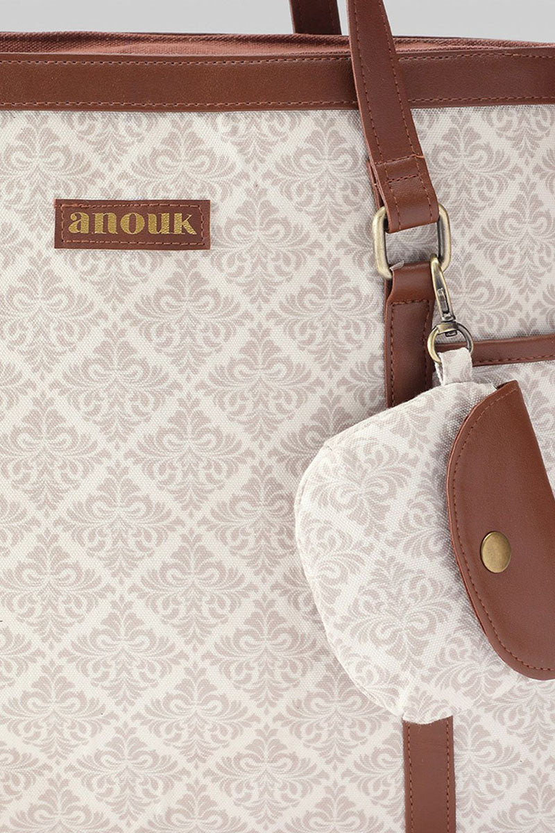 Classic Geometric Jacquard Tote with Pouch & Faux Leather Trim