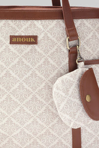 Classic Geometric Jacquard Tote with Pouch & Faux Leather Trim