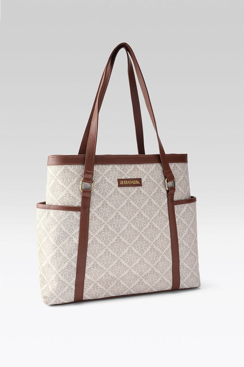 Classic Geometric Jacquard Tote with Pouch & Faux Leather Trim