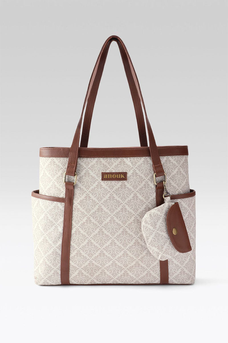 Classic Geometric Jacquard Tote with Pouch & Faux Leather Trim