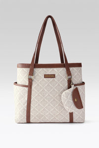 Classic Geometric Jacquard Tote with Pouch & Faux Leather Trim