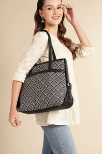 Black Damask Canvas Tote with Pouch & Faux Leather Trim