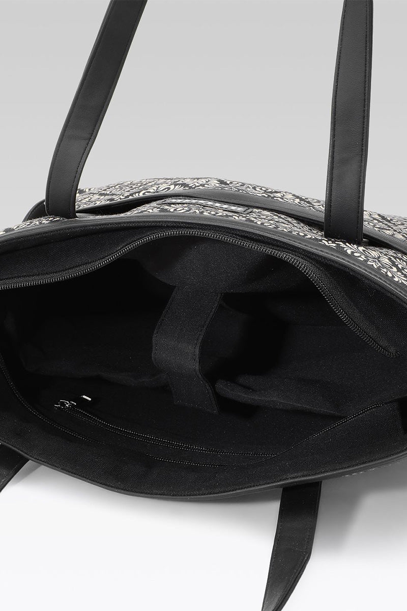 Black Damask Canvas Tote with Pouch & Faux Leather Trim