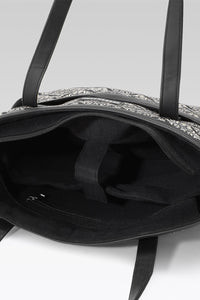 Black Damask Canvas Tote with Pouch & Faux Leather Trim