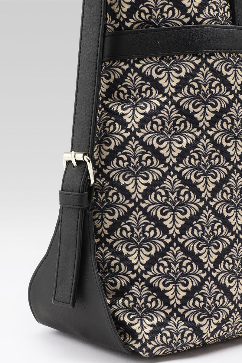 Black Damask Canvas Tote with Pouch & Faux Leather Trim