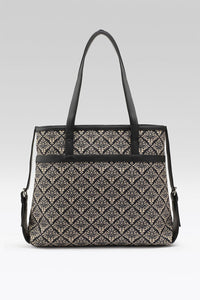 Black Damask Canvas Tote with Pouch & Faux Leather Trim