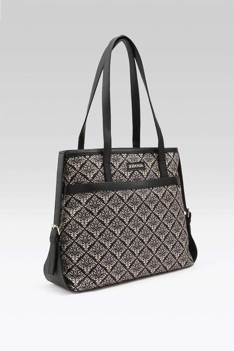 Black Damask Canvas Tote with Pouch & Faux Leather Trim