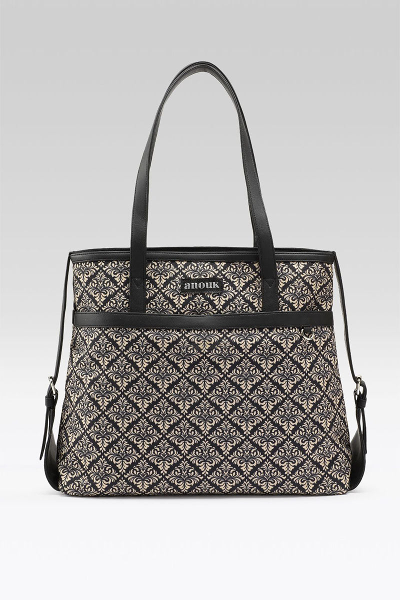 Black Damask Canvas Tote with Pouch & Faux Leather Trim