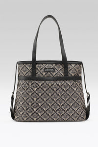 Black Damask Canvas Tote with Pouch & Faux Leather Trim