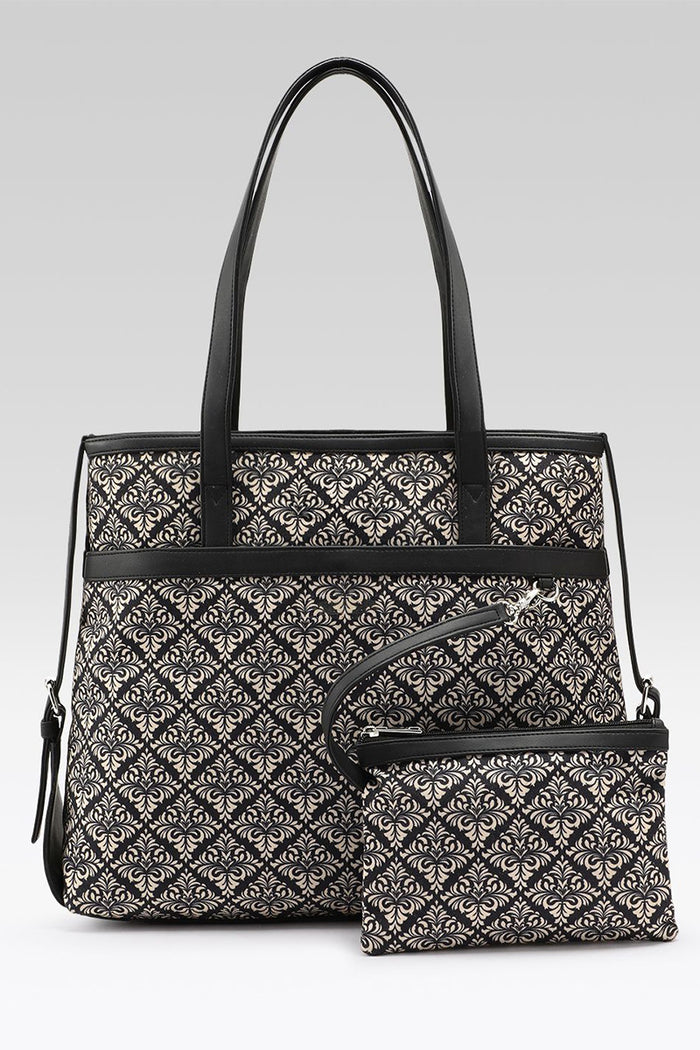 Black Damask Canvas Tote with Pouch & Faux Leather Trim
