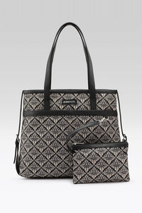 Black Damask Canvas Tote with Pouch & Faux Leather Trim