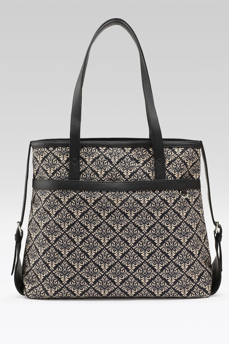 Black Damask Canvas Tote with Pouch & Faux Leather Trim